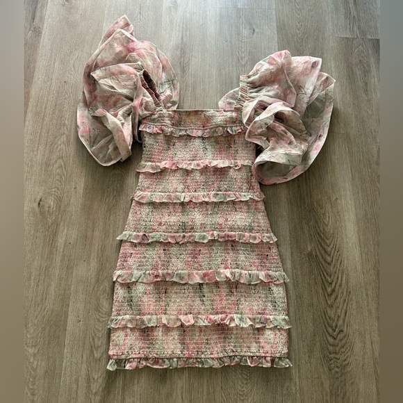 elliatt monica pink & green floral ruffle tiered mini dress size small NEW - Picture 1 of 5